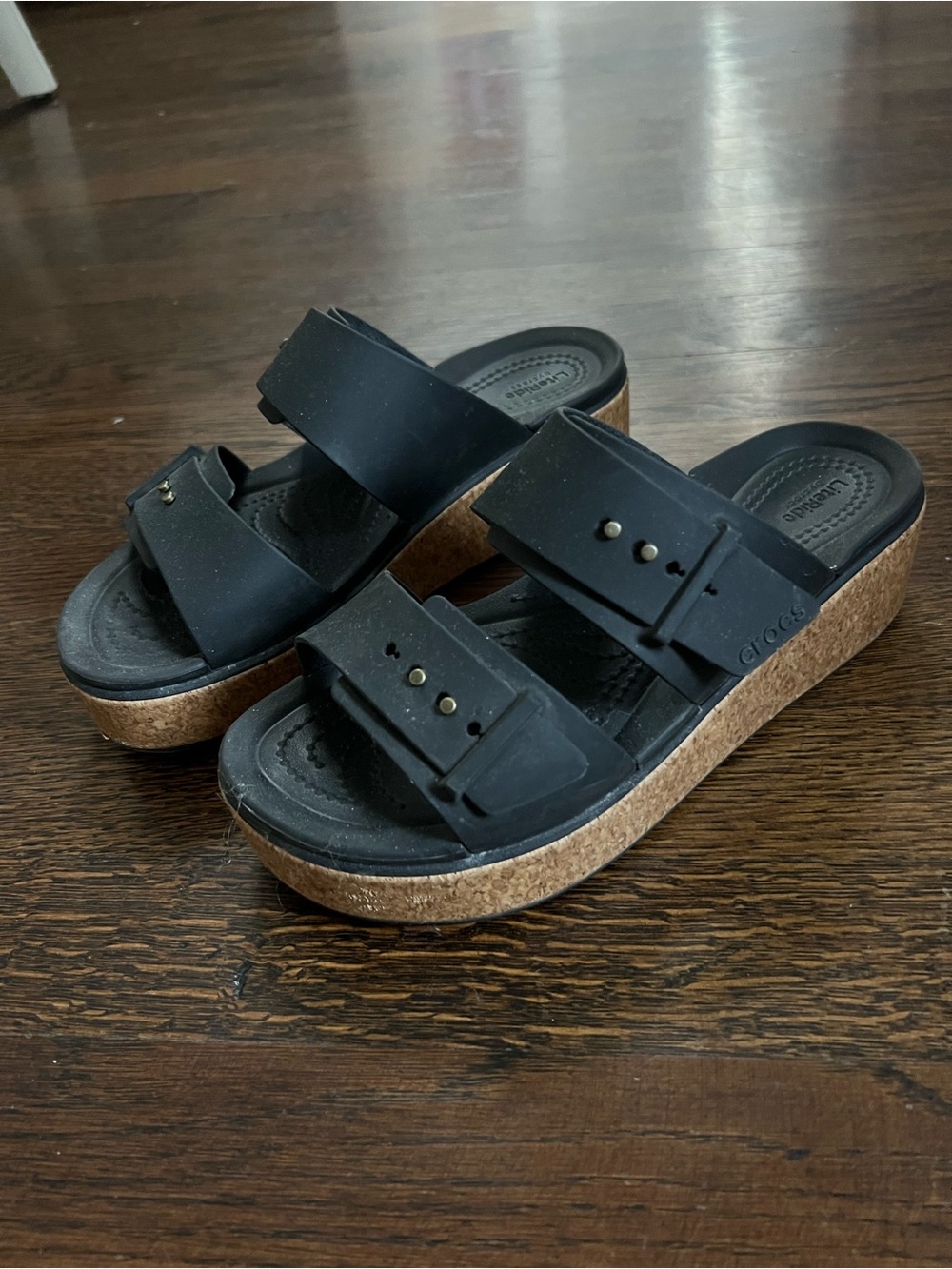 CROCS Black Double-Strap Platform Sandals with Cork-Colored Sole - Picture 3 of 4